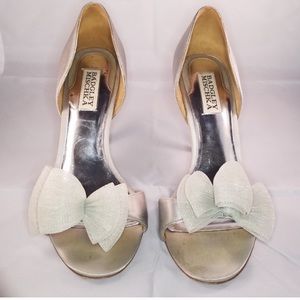 Badgley Mischka silver satin heels with bow
